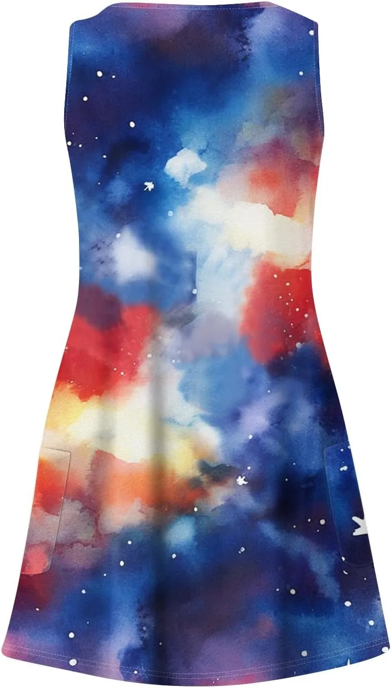Women's Casual Dresses Summer 4Th of July V Neck Sleeveless Patriotic Dresses Stars Printed Tank Dress, S-2XL