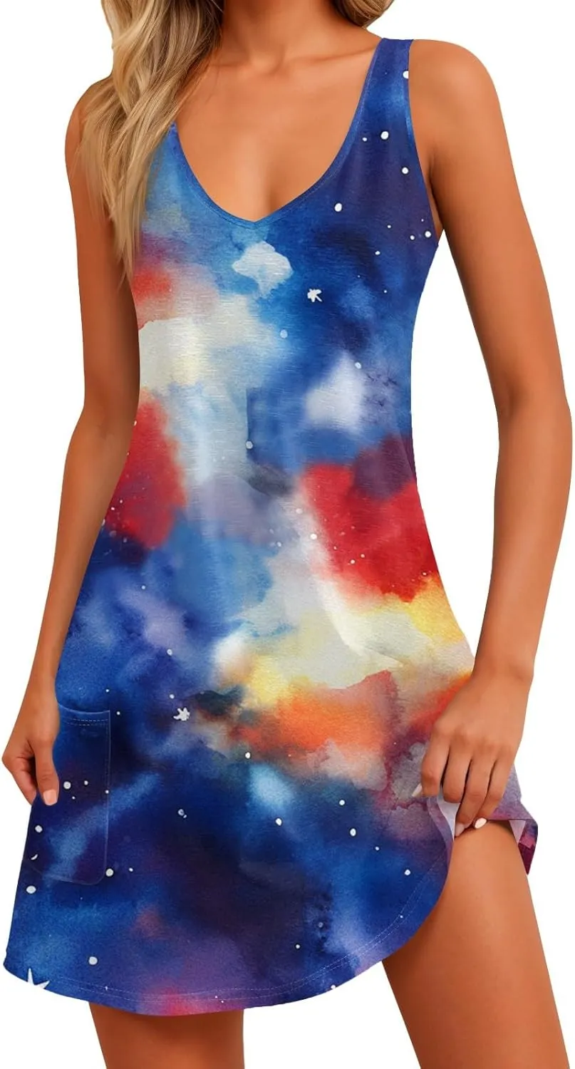 Women's Casual Dresses Summer 4Th of July V Neck Sleeveless Patriotic Dresses Stars Printed Tank Dress, S-2XL