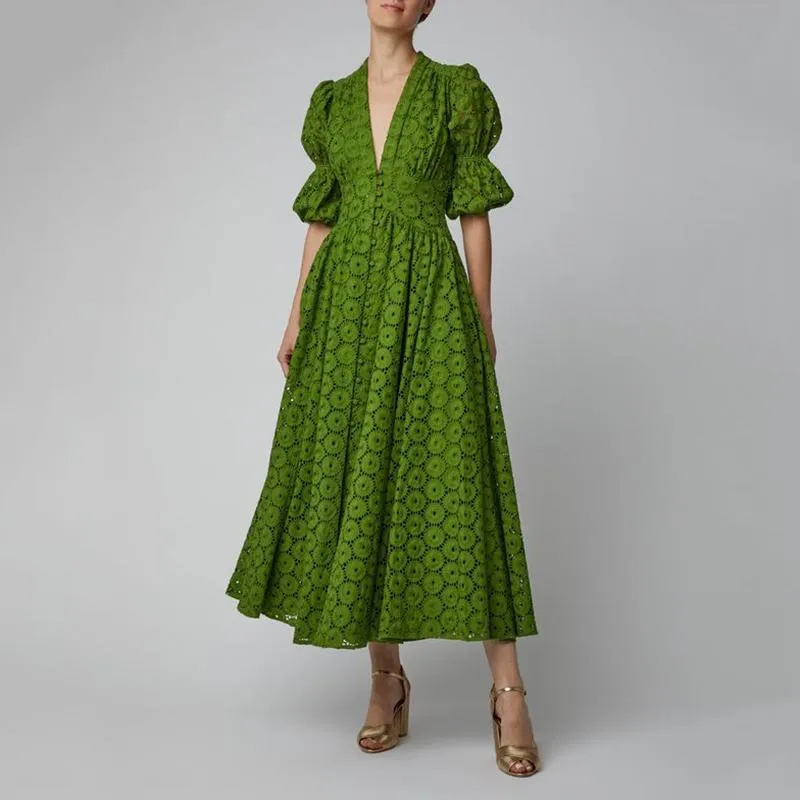 Women's Classy V Neck Bishop Sleeve Casual Vacation Maxi Dress