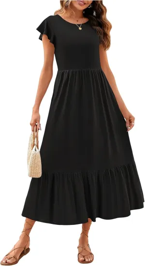Womens Crew Neck Flutter Sleeve Boho Midi Dress Smocked A-Line Flowy Tiered Modest Midi Sundress