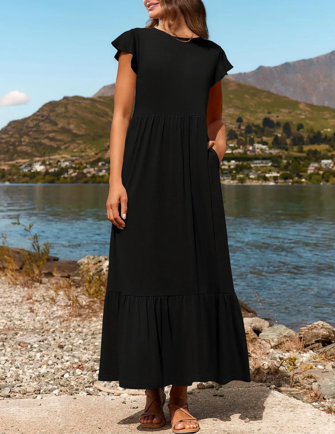 Womens Crew Neck Flutter Sleeve Boho Midi Dress Smocked A-Line Flowy Tiered Modest Midi Sundress