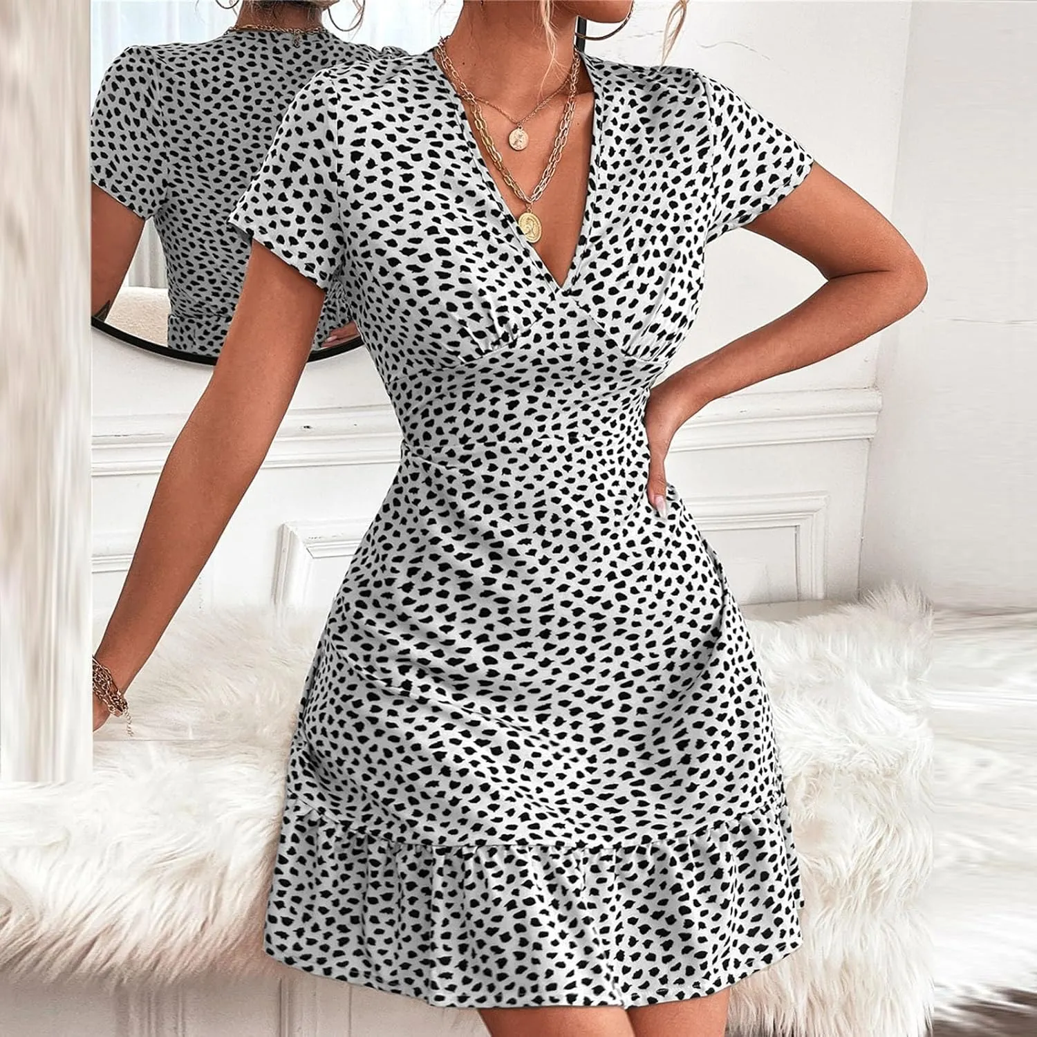 Women's Dresses Casual Summer Deep V-Neck Floral Print Sundress Sexy Casual High Waist Short Sleeves Dress, S-2XL
