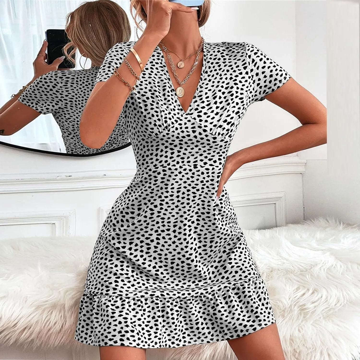 Women's Dresses Casual Summer Deep V-Neck Floral Print Sundress Sexy Casual High Waist Short Sleeves Dress, S-2XL