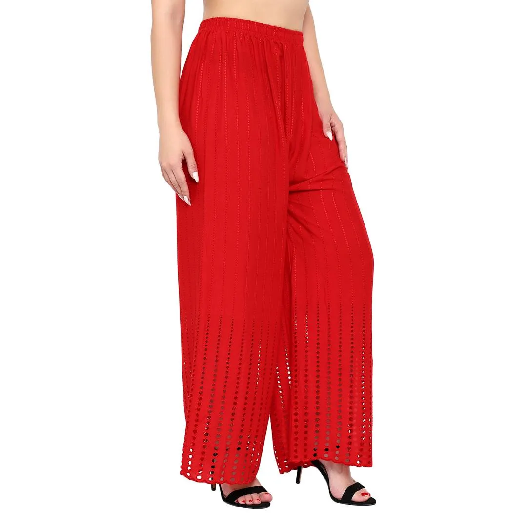 Women's Embroidered Red Rayon Palazzo