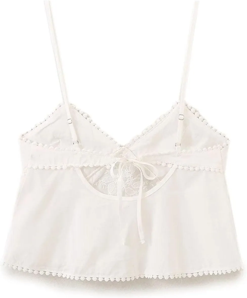 Women's Embroidery Poplin Tank Tops High Street V-Neck Adjustable Thin Spaghetti Straps Tie Camisole