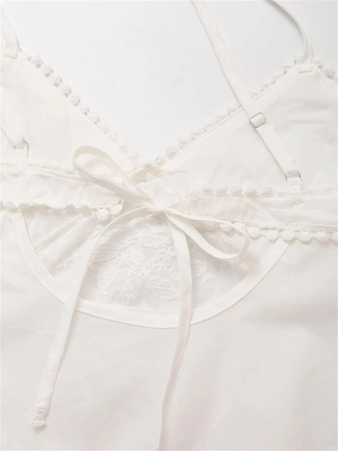 Women's Embroidery Poplin Tank Tops High Street V-Neck Adjustable Thin Spaghetti Straps Tie Camisole