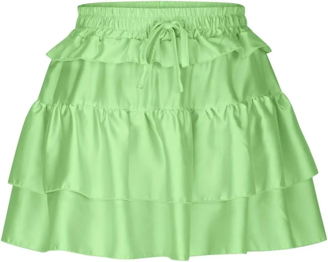 Women's Fashion Cute Layered Cake Drawstring Half-Body Skirts Summer Casual Solid Loose Breathable Short Skirt 2025