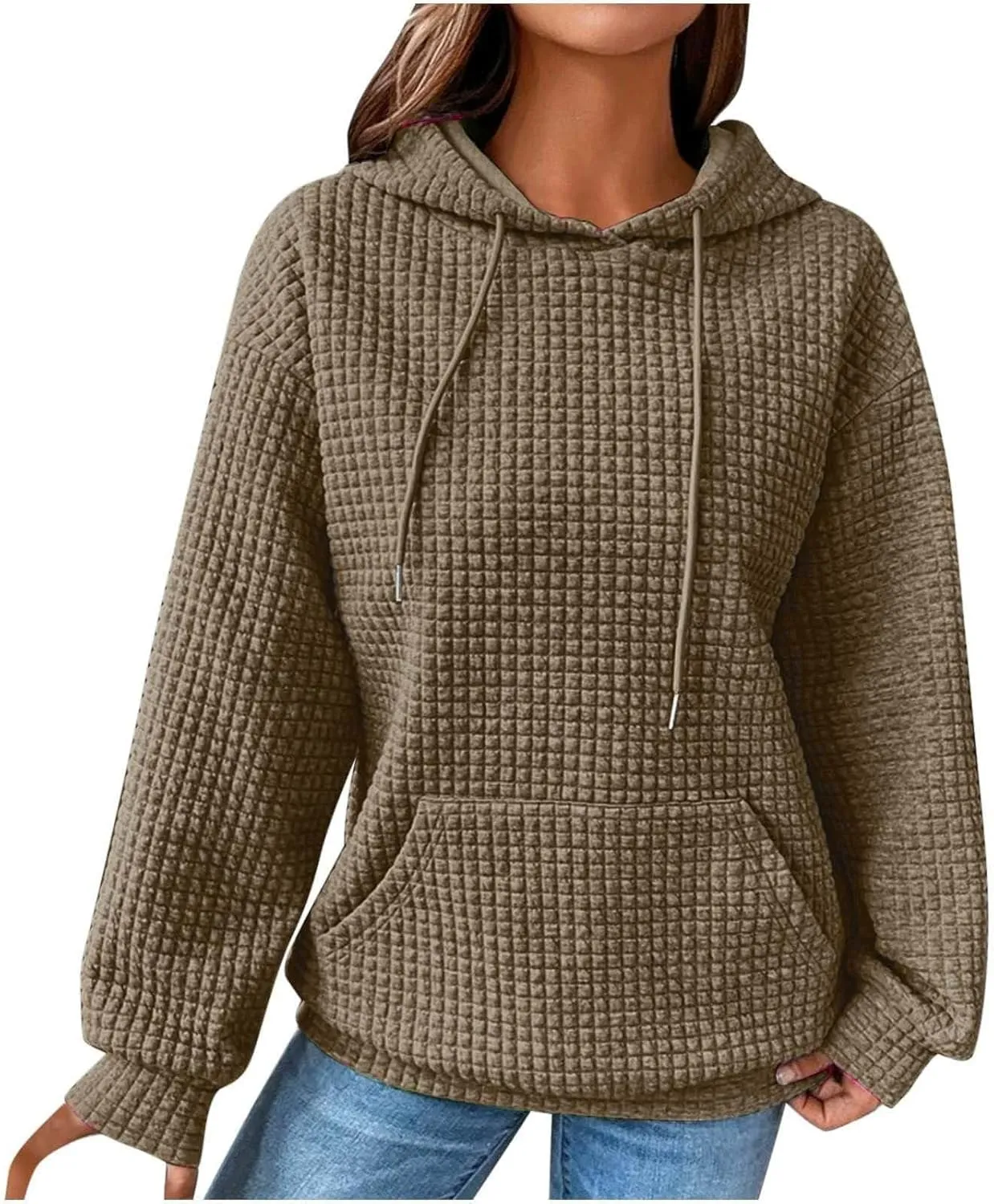 Womens Hoodies Pullover Quilted Long Sleeve Knit Oversized Sweatshirt Fall Drawstring Hooded Sweatshirts with Pocket