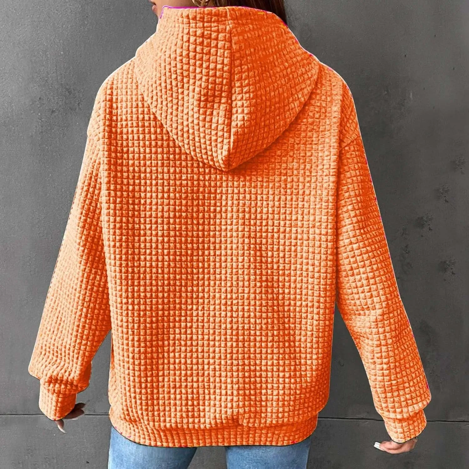 Womens Hoodies Pullover Quilted Long Sleeve Knit Oversized Sweatshirt Fall Drawstring Hooded Sweatshirts with Pocket