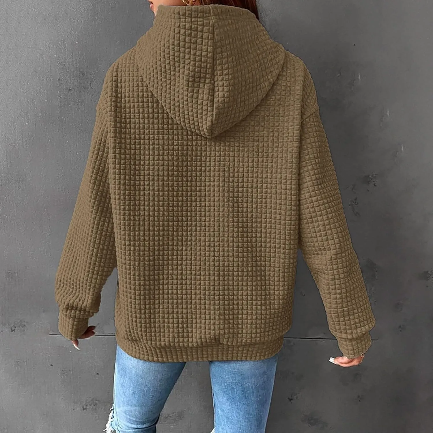 Womens Hoodies Pullover Quilted Long Sleeve Knit Oversized Sweatshirt Fall Drawstring Hooded Sweatshirts with Pocket