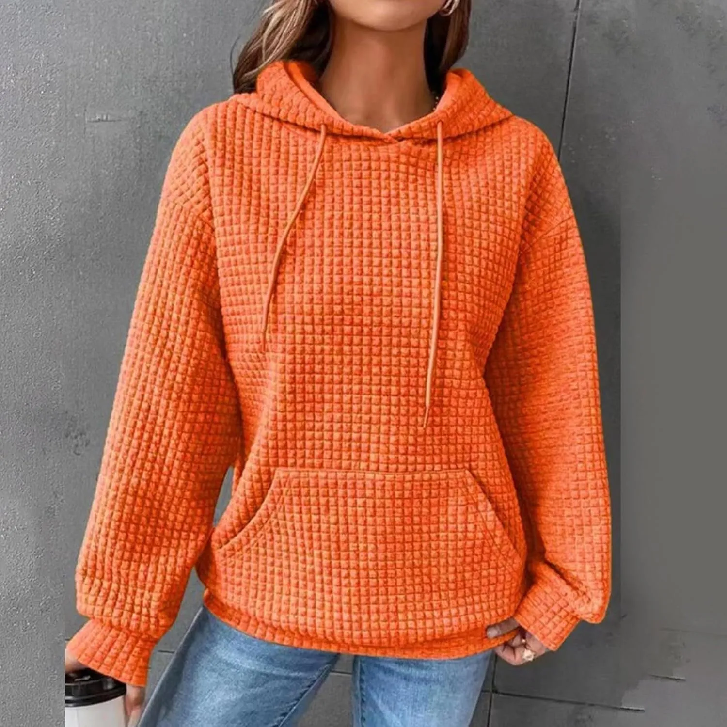 Womens Hoodies Pullover Quilted Long Sleeve Knit Oversized Sweatshirt Fall Drawstring Hooded Sweatshirts with Pocket