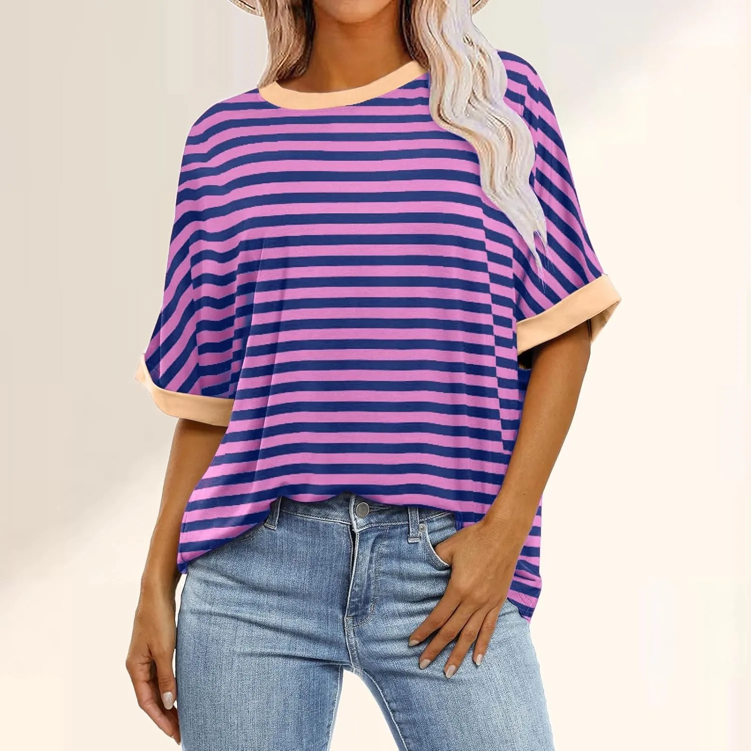 Womens Oversized T Shirts Loose Fit Crewneck Short Sleeve Casual Blouse Y2K Tee Tops Oversized Striped Shirts