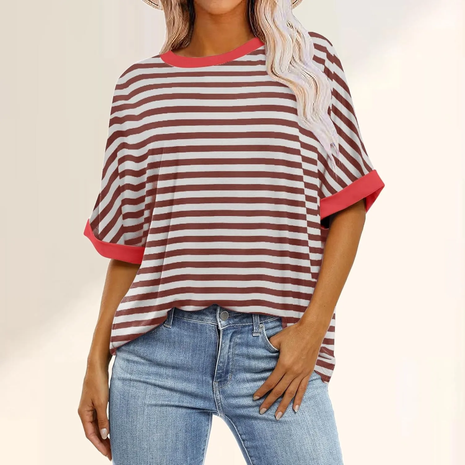 Womens Oversized T Shirts Loose Fit Crewneck Short Sleeve Casual Blouse Y2K Tee Tops Oversized Striped Shirts