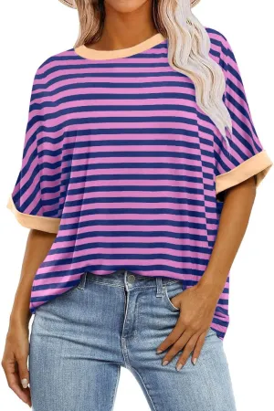 Womens Oversized T Shirts Loose Fit Crewneck Short Sleeve Casual Blouse Y2K Tee Tops Oversized Striped Shirts