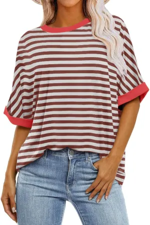 Womens Oversized T Shirts Loose Fit Crewneck Short Sleeve Casual Blouse Y2K Tee Tops Oversized Striped Shirts