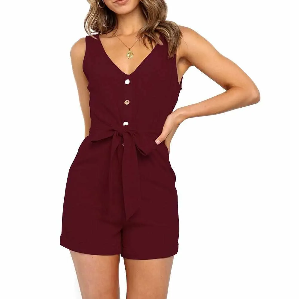 Women's Sexy V Neck Cotton Sleeveless Playsuit  Short Jumpsuit Femme Rompers