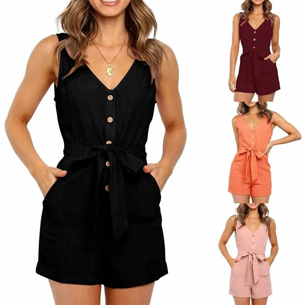 Women's Sexy V Neck Cotton Sleeveless Playsuit  Short Jumpsuit Femme Rompers