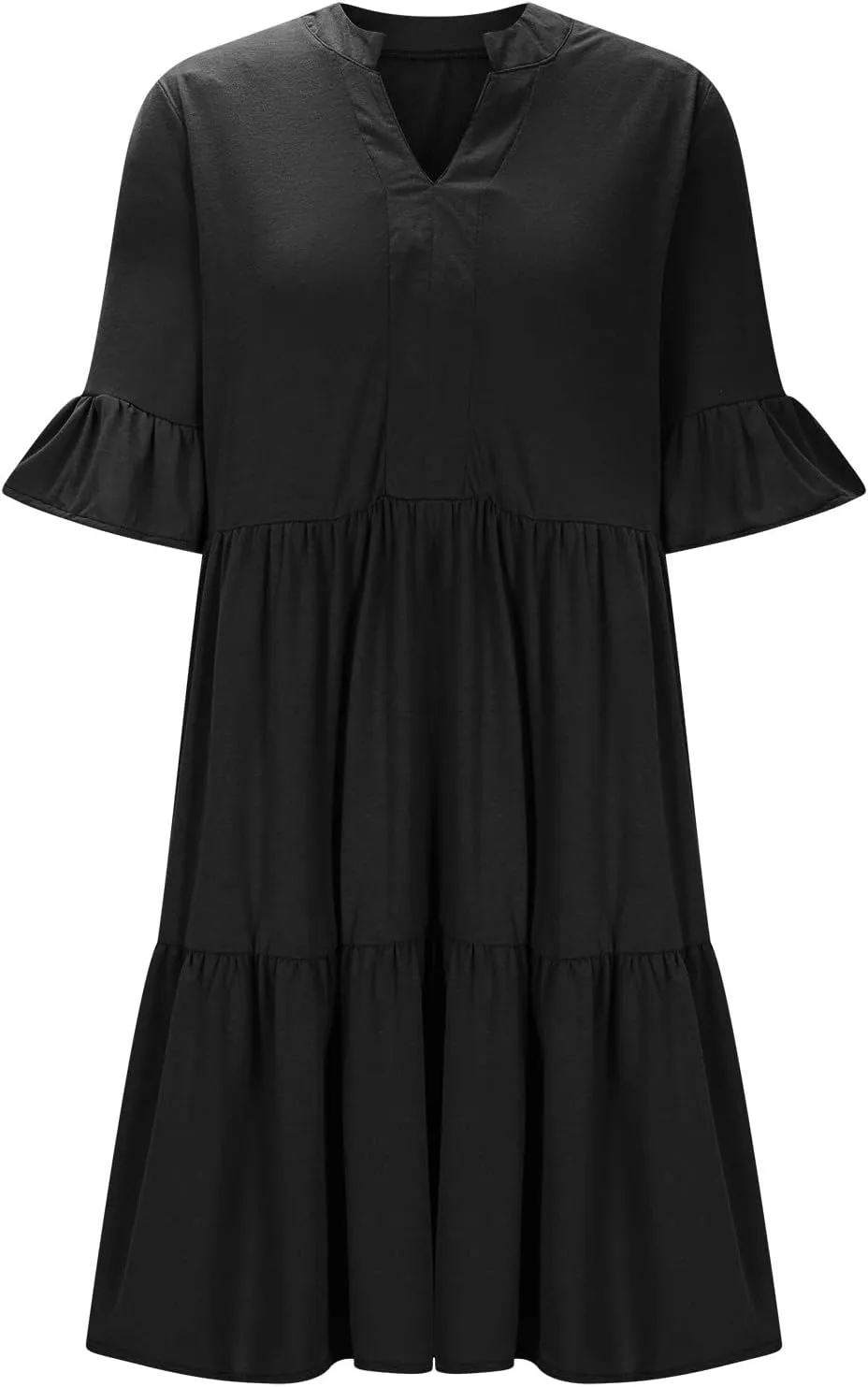 Womens Summer 2025 Trendy Ruffle Short Sleeve V Neck A Line Tiered Flowy Loose Casual Mini Beach Shirt Dress with Pockets