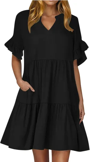 Womens Summer 2025 Trendy Ruffle Short Sleeve V Neck A Line Tiered Flowy Loose Casual Mini Beach Shirt Dress with Pockets