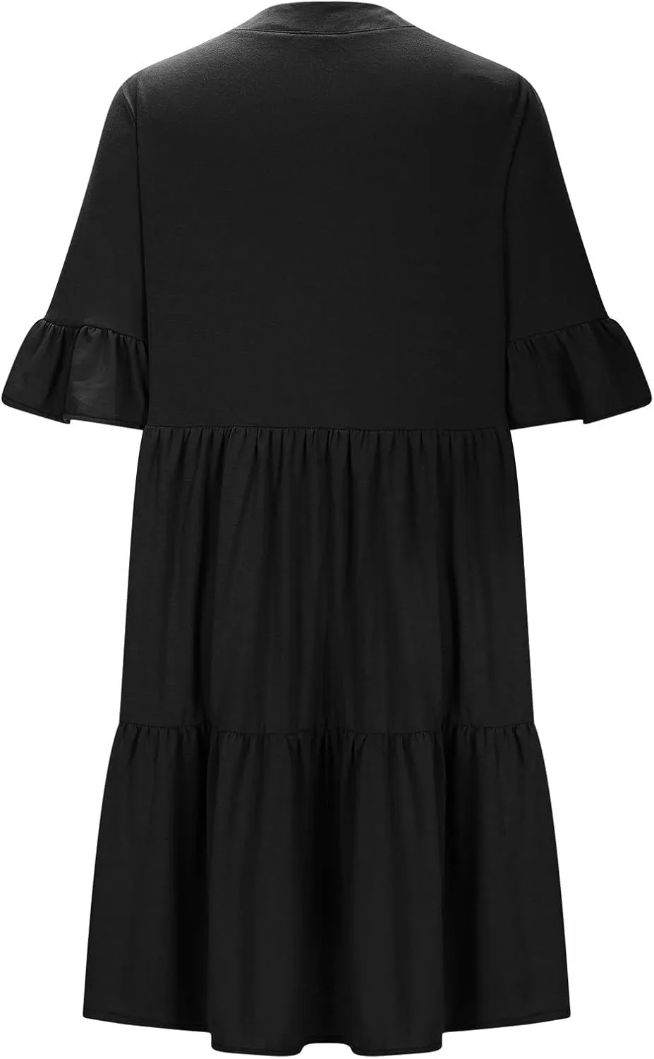 Womens Summer 2025 Trendy Ruffle Short Sleeve V Neck A Line Tiered Flowy Loose Casual Mini Beach Shirt Dress with Pockets