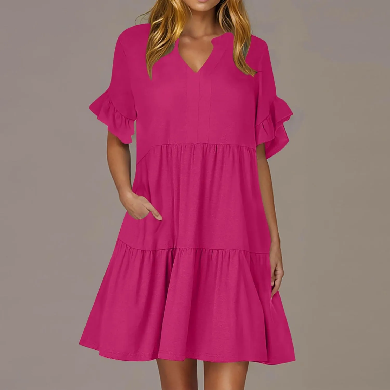 Womens Summer 2025 Trendy Ruffle Short Sleeve V Neck A Line Tiered Flowy Loose Casual Mini Beach Shirt Dress with Pockets