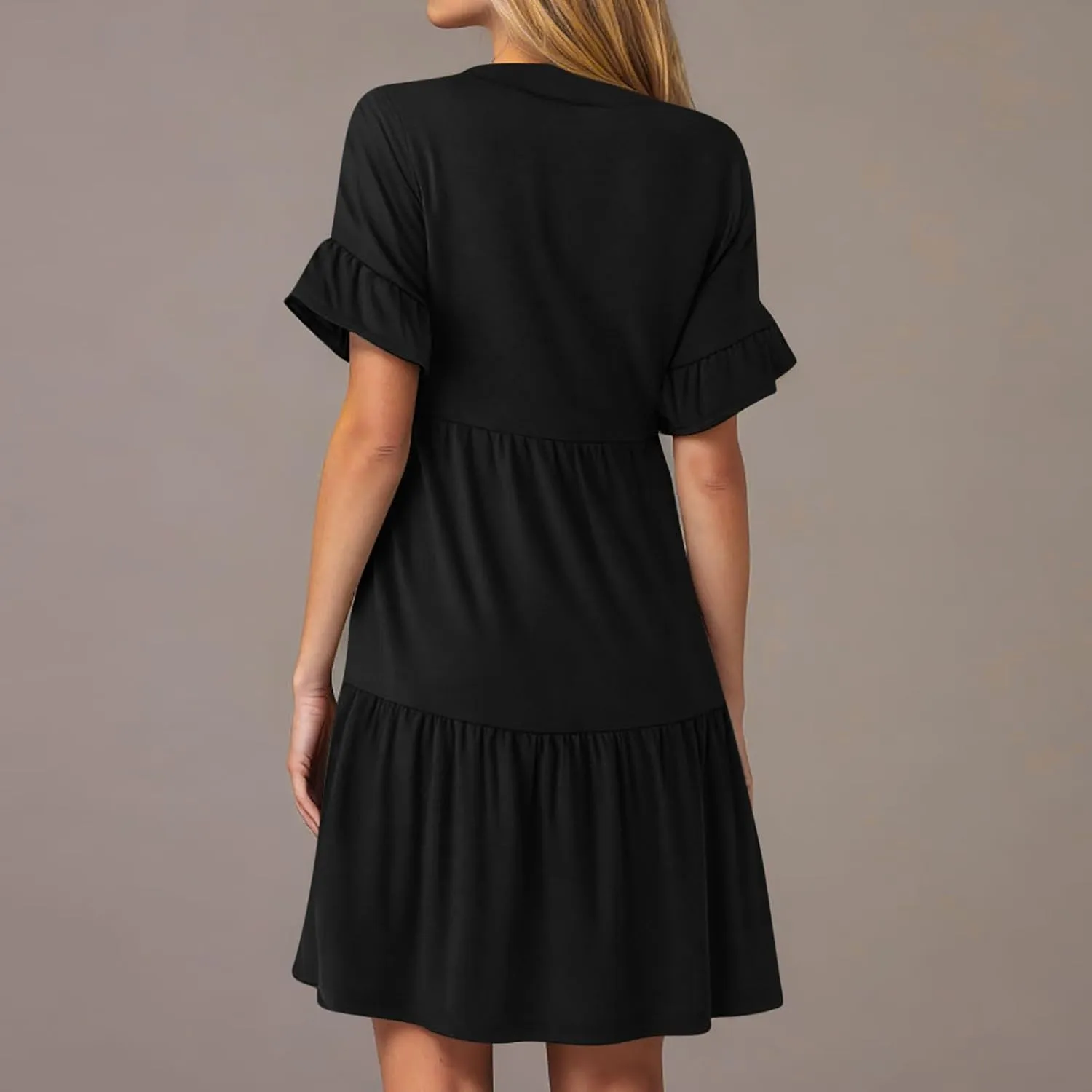 Womens Summer 2025 Trendy Ruffle Short Sleeve V Neck A Line Tiered Flowy Loose Casual Mini Beach Shirt Dress with Pockets