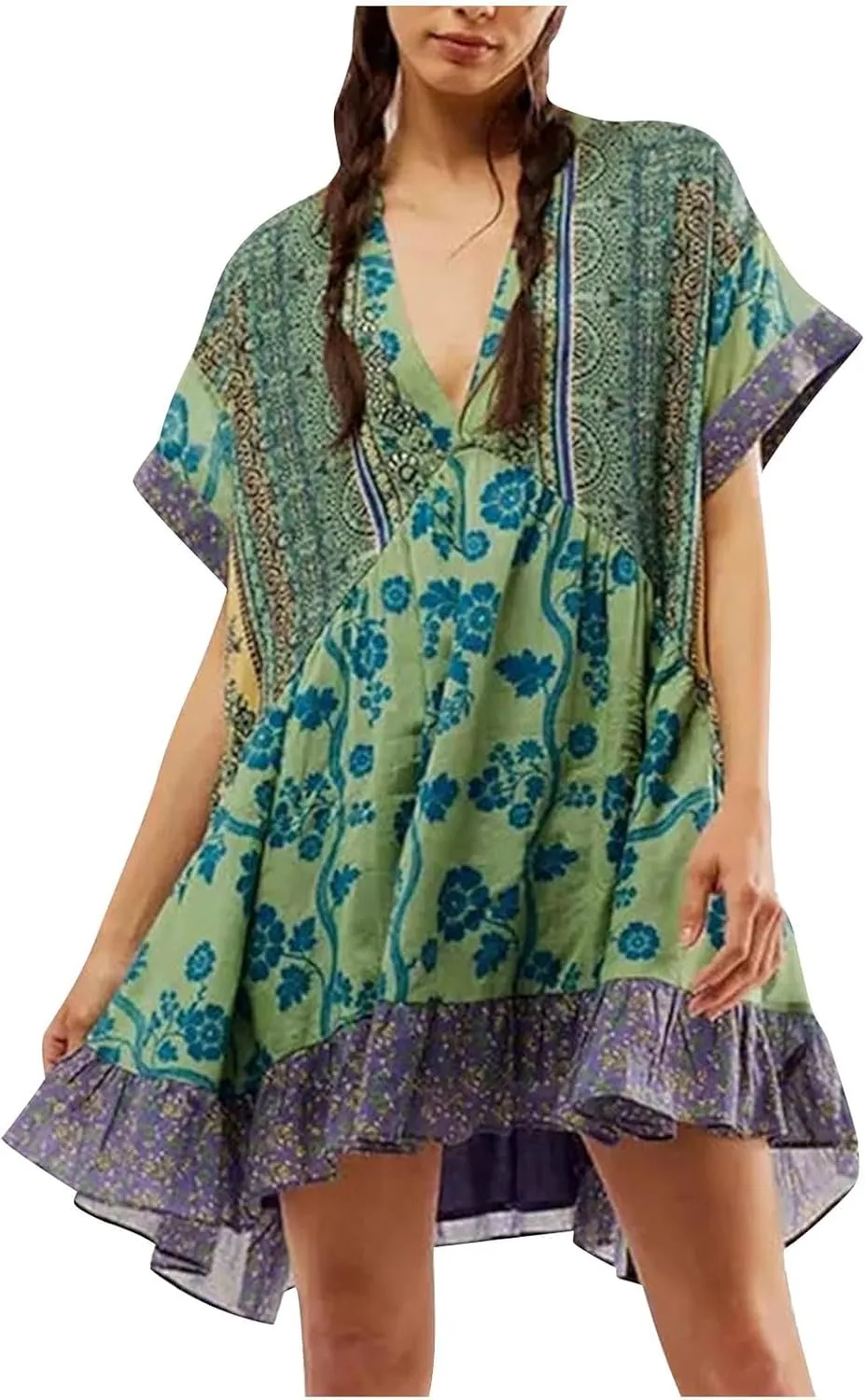 Womens Summer Floral Dresses Short Sleeve V Neck Boho Swing Mini Dress Vacation Trendy Outfits for Women