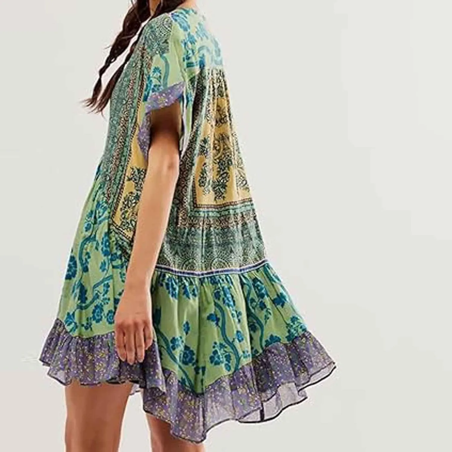 Womens Summer Floral Dresses Short Sleeve V Neck Boho Swing Mini Dress Vacation Trendy Outfits for Women
