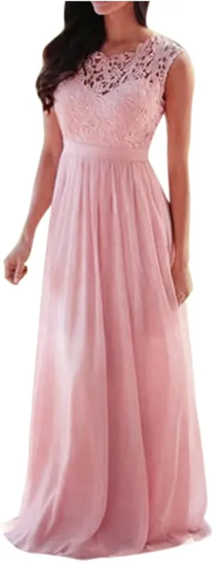 Womens Wedding Dress Lace Double V-Neck Sleeveless Evening Dress Chiffon Prom Dresses for Women's Formal Wedding Party Gowns