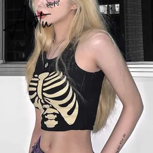Y2K Summer Slim Crop Top T Shirt Aesthetic Gothic Skeleton Corset Tops Women Harajuku Vintage Black Streetwear Sleeveless Tshirt