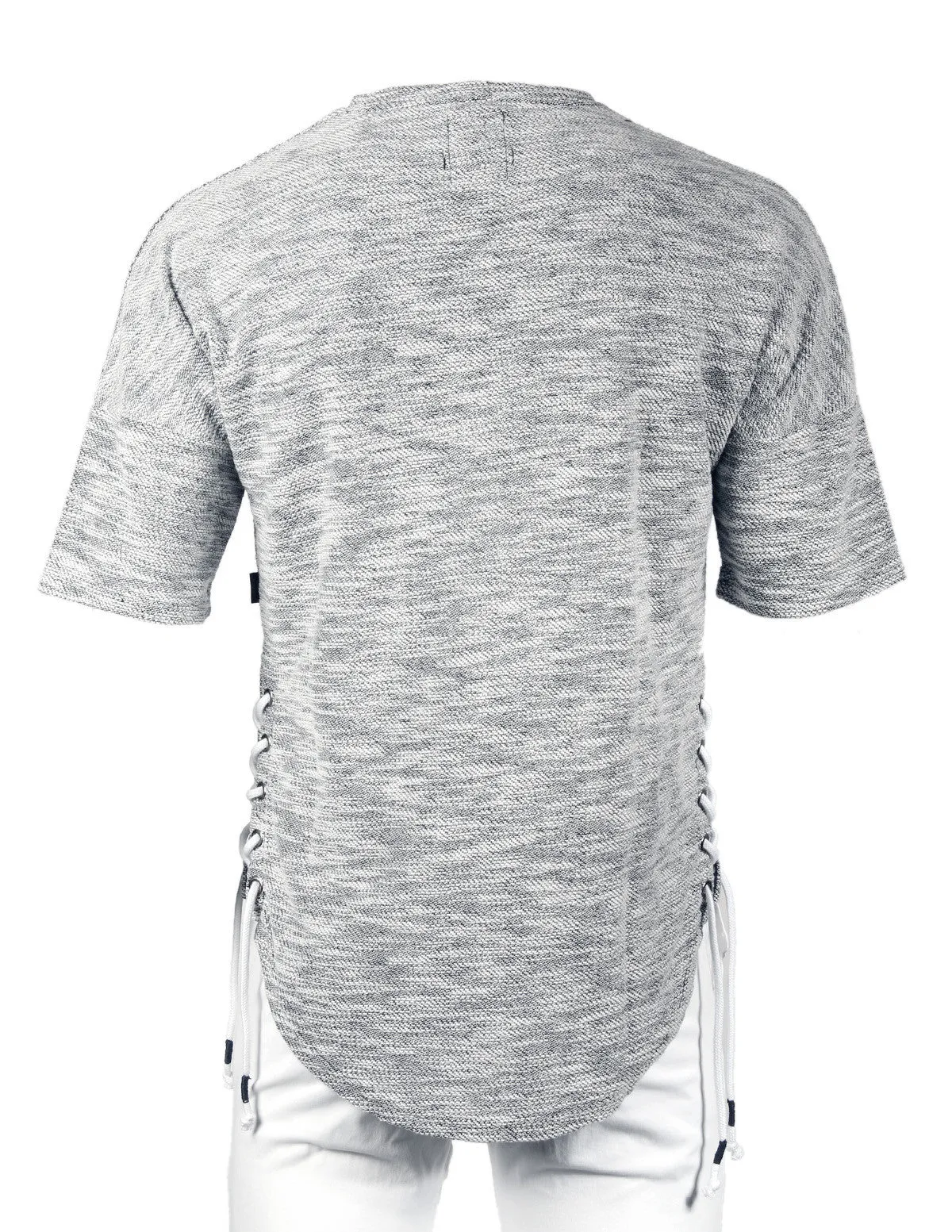 Zimego Men's Wide Shoulder Short Sleeve Laced Up Round Bottom T-Shirts Black