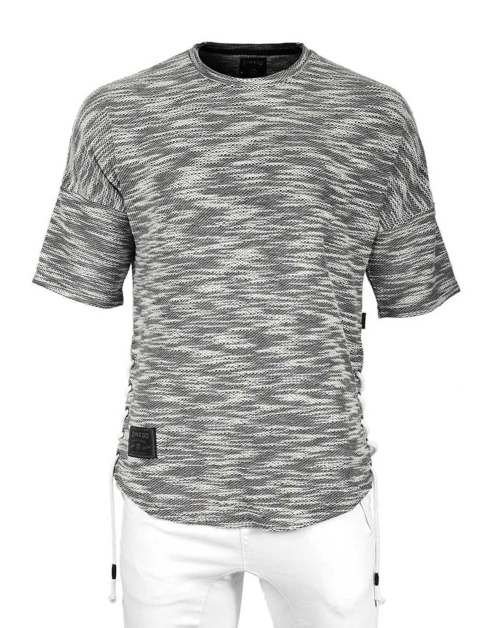 Zimego Men's Wide Shoulder Short Sleeve Laced Up Round Bottom T-Shirts Black