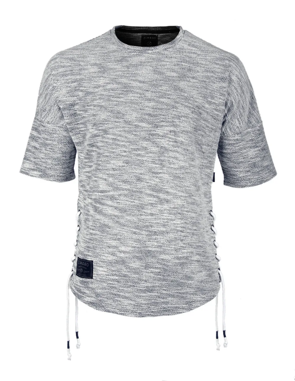 Zimego Men's Wide Shoulder Short Sleeve Laced Up Round Bottom T-Shirts Black