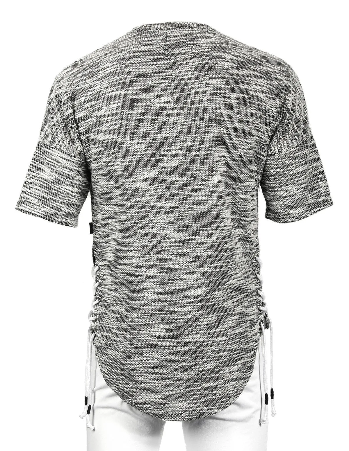 Zimego Men's Wide Shoulder Short Sleeve Laced Up Round Bottom T-Shirts Black