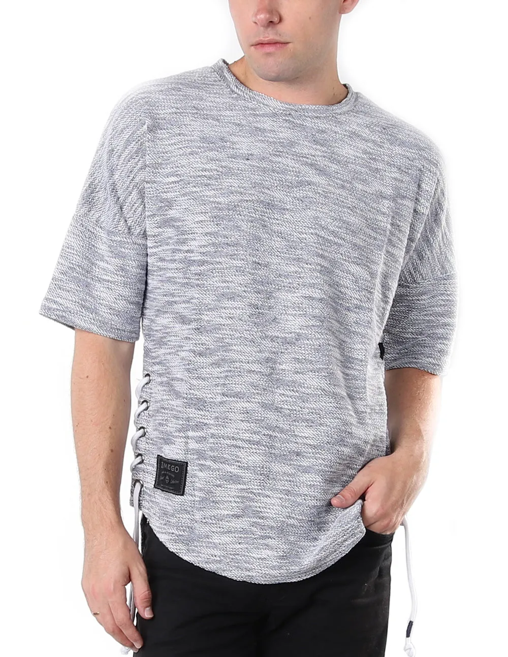 Zimego Men's Wide Shoulder Short Sleeve Laced Up Round Bottom T-Shirts Black