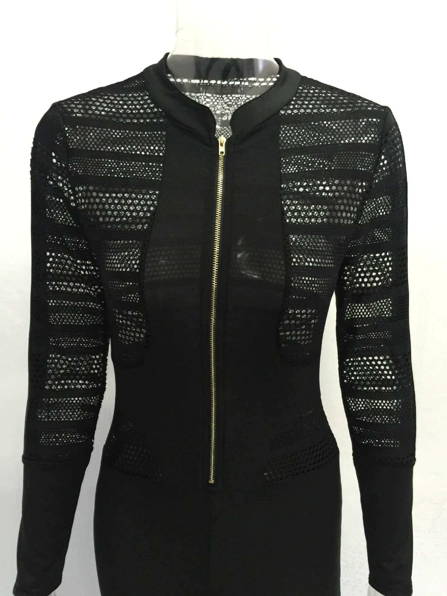 Zipper Perspective Mesh Patchwork Slim Skinny Jumpsuits