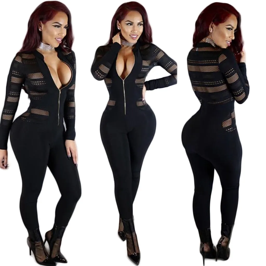 Zipper Perspective Mesh Patchwork Slim Skinny Jumpsuits