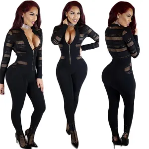Zipper Perspective Mesh Patchwork Slim Skinny Jumpsuits