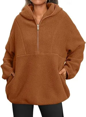 ZWRXW Women's Oversized Sherpa Hoodies Half Zip Fuzzy Fleece Sweatshirts Casual Solid Pullover Tops Fall Outfits with Pocket